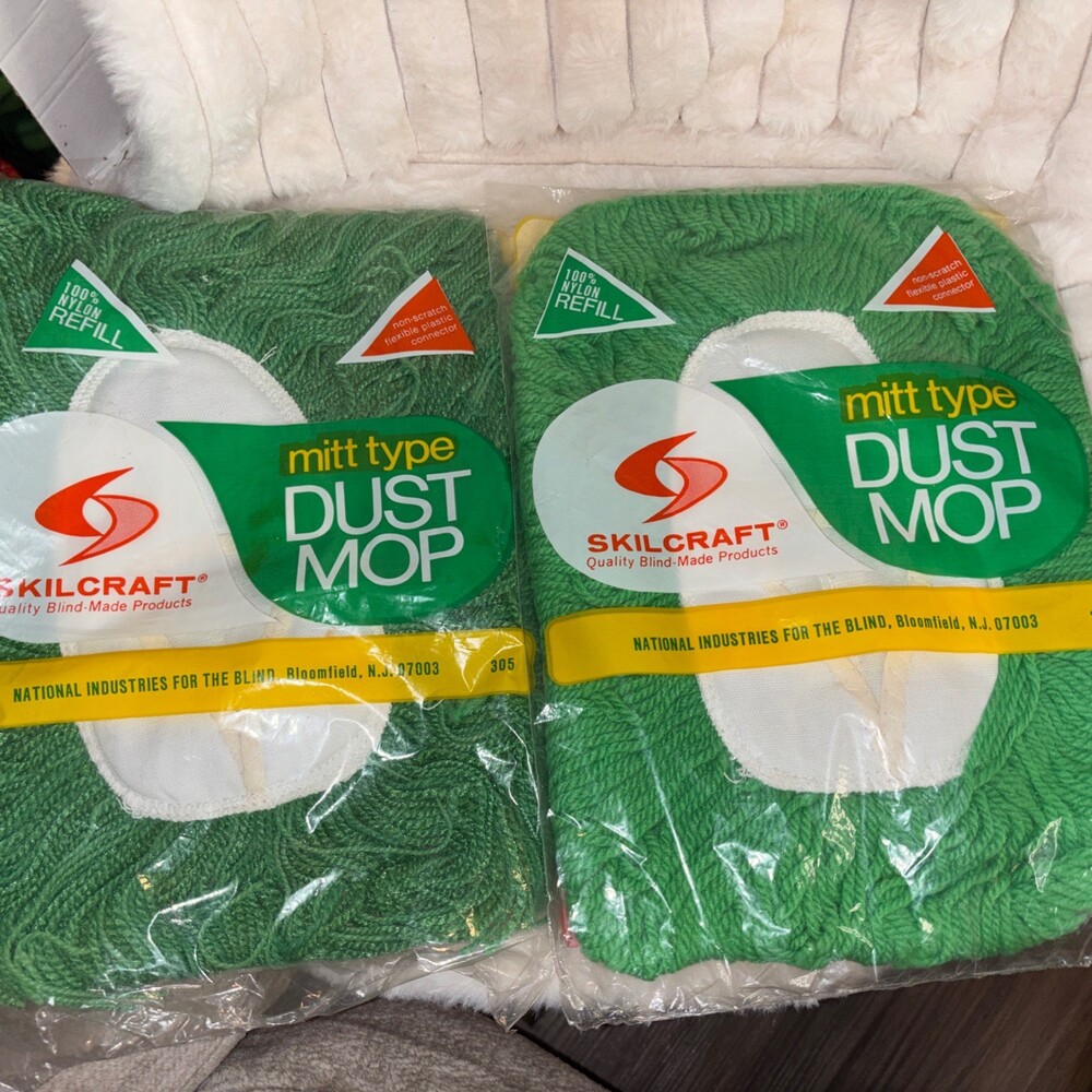 2 Pack Vintage Green Yarn Dust Mop Pad Refills - New Old Stock Sealed